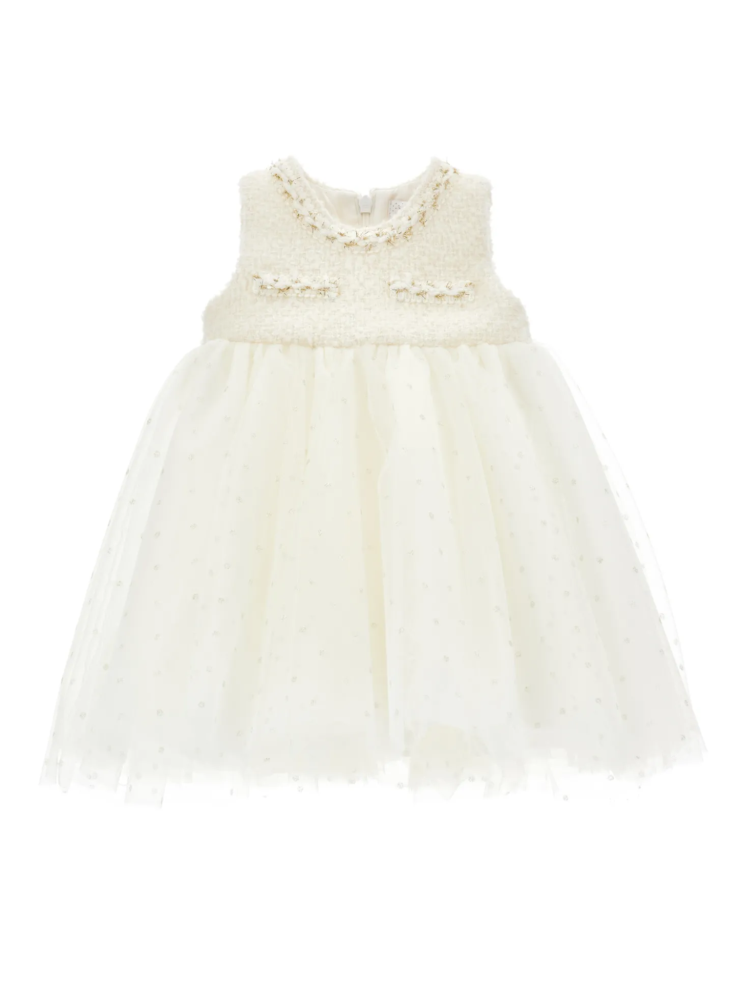 Abito smanicato tulle e bouclé