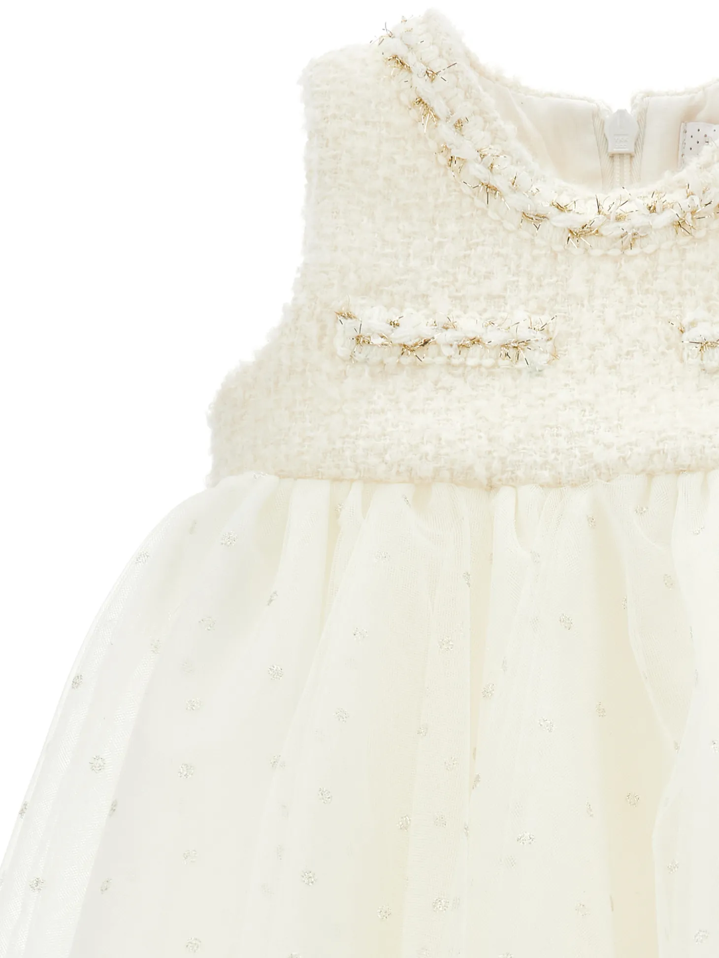 Abito smanicato tulle e bouclé