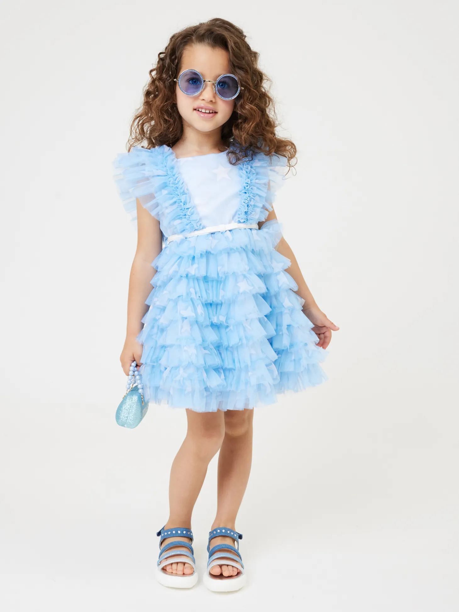 Abito tulle stampato con ruches