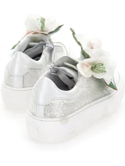 Sneakers pelle e paillettes con magnolia