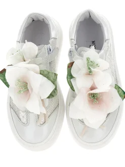 Sneakers pelle e paillettes con magnolia