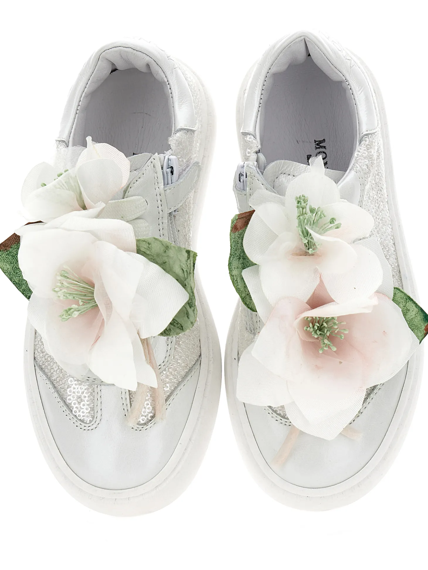 Sneakers pelle e paillettes con magnolia