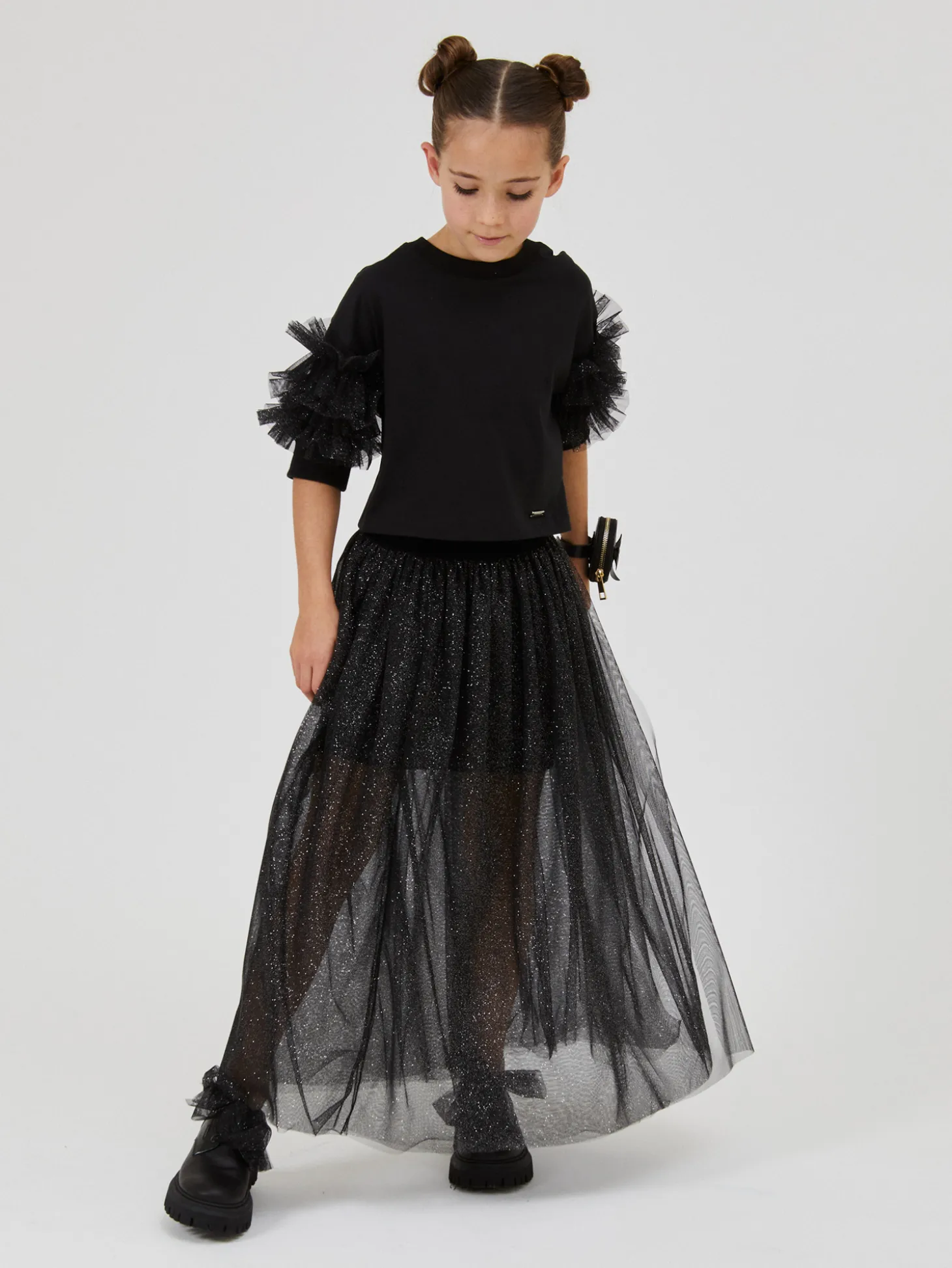 T-shirt jersey con rouches glitter